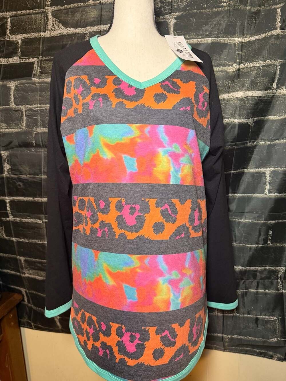 Crazy Train Long Sleeve V-Neck Top with Leopard and Tie-Dye Color Block Pattern